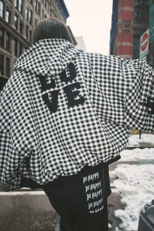 THE BE HAPPY GINGHAM PADDED BOMBER