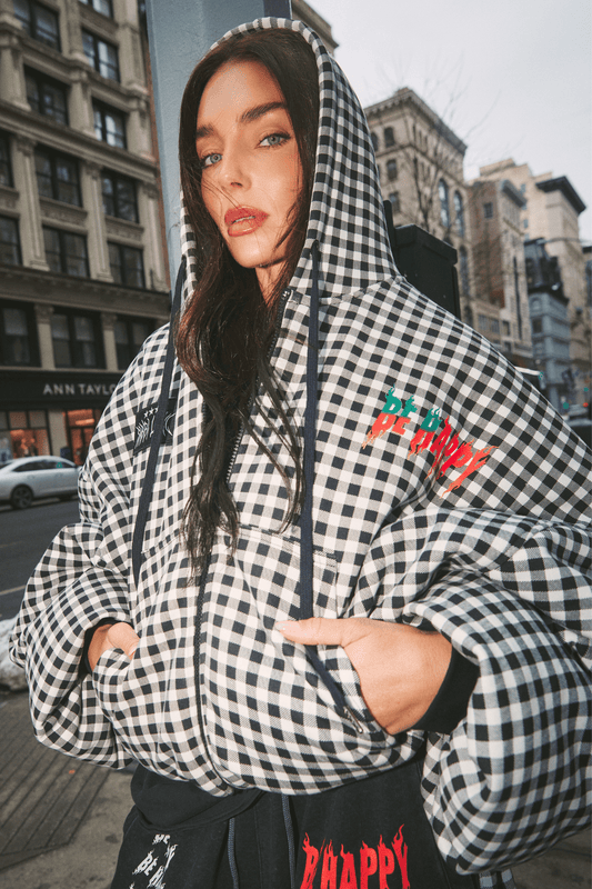 THE BE HAPPY GINGHAM PADDED BOMBER